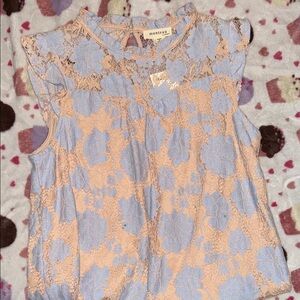Floral Lace Sleeveless Top - Blue and Tan